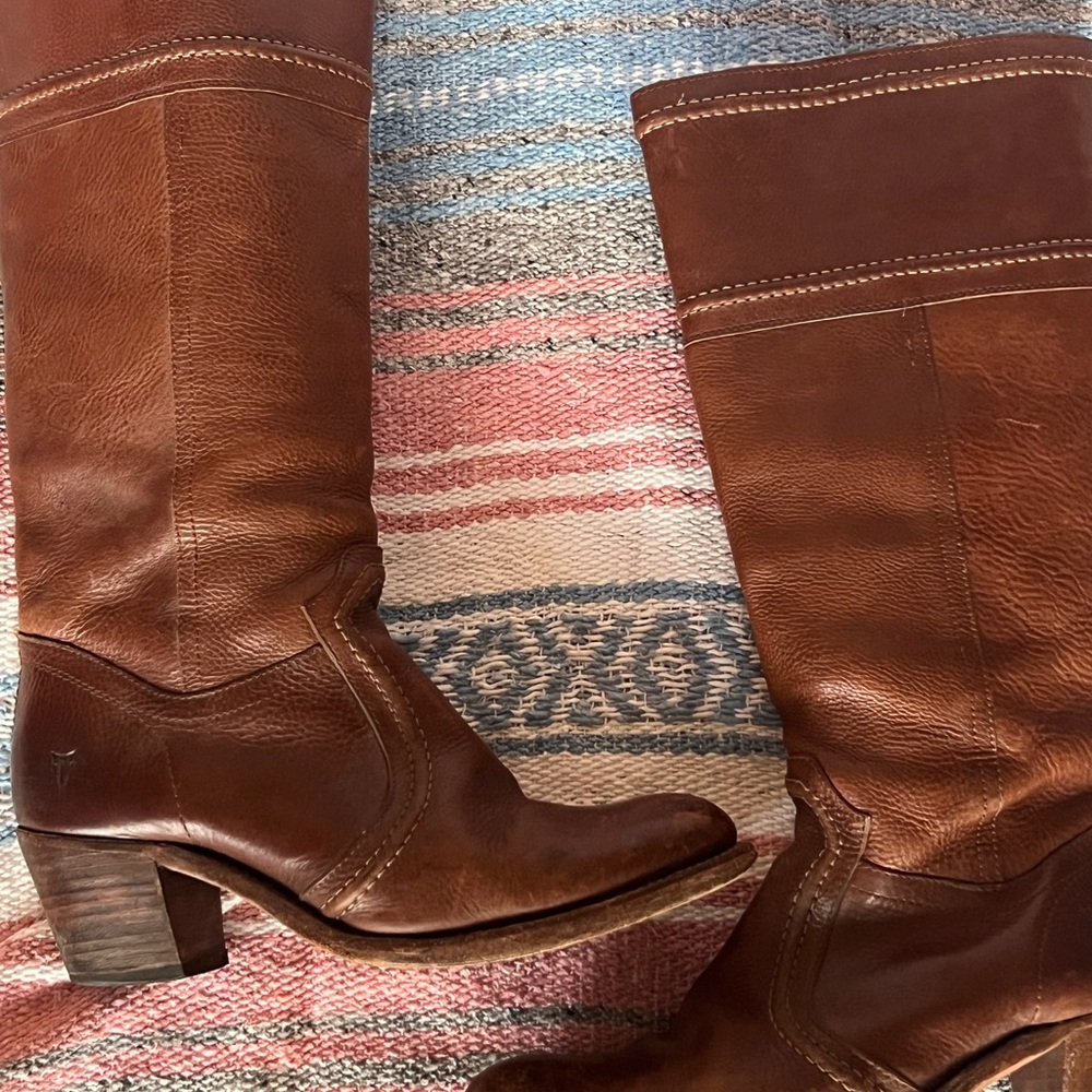 Frye Cognac Brown Leather Heeled Boots 14" Shaft - Picture 5 of 13